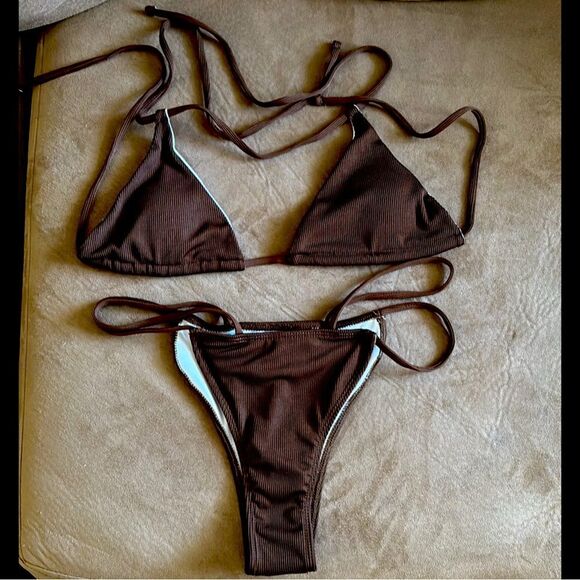 Large BROWN RIB KNIT BIKINI - Picture 4 of 5